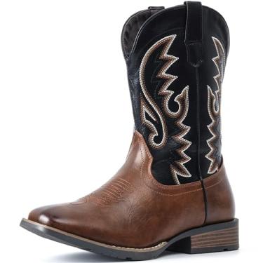 Imagem de IUV Botas de cowboy masculinas com bico quadrado largo, bota retrô ocidental, durável, clássica, bordada, sem fecho, botas antiderrapantes, Preto, castanho, 9.5 Wide