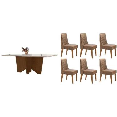 Imagem de Mesa Cozinha Nevada c/ Tampo Madeirado c/ Vidro Canto Curvo 180x90cm e 6 Cadeiras Dafne Madeira Maciça Naturale/Off White - Capuccino/Suede Capuccino-