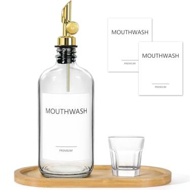 Imagem de TOLDATLI Dispensador de enxaguante bucal para banheiro, pacote com 2 recipientes de vidro para enxaguante bucal com copo, conjunto de garrafas decantador de enxaguante bucal de 43 ml, dispensador de