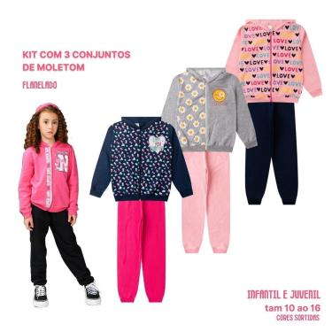 Imagem de kit3 Conjunto Moletom Juvenil Feminino Blusa Calça Flanelado Agasalho menina capuz ziper punho 10-16-Feminino
