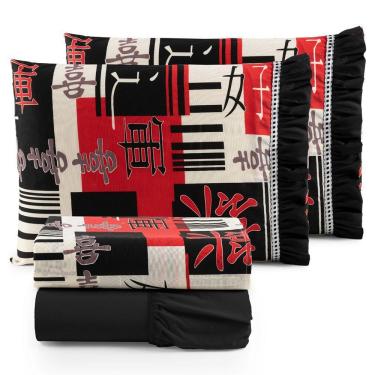 Imagem de Jogo Cama Lençol Fiore Queen Estampado 180 Fios 100% Algodão Com Babadinho 4 Peças Preto Oriental Japonês