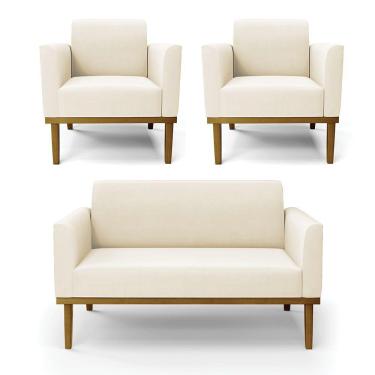 Imagem de Sofá Namoradeira Com 2 Poltronas Base De Madeira Fixa Castanho Marisa Veludo D03 - D?rossi Cor Bege
