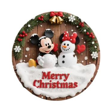 Imagem de Feliz Natal Disney Mickey Minnie Placa Redonda De Madeira Personalizad