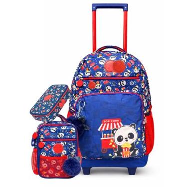 Imagem de Kit Mochila Rodas + Lancheira + Estojo Box Luxo Panda Pipoca - Xeryus