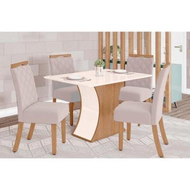 Imagem de Sala De Jantar Tampo Madeirado C- Vidro Canto Reto 120x80cm E 4 Cadeiras Nature-veludo Light Linho