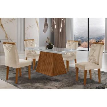 Imagem de Sala De Jantar Completa Luna Tampo Madeirado Com Vidro Curvo 120x80 E 4 Cadeiras Amsterdã Imbuia - Veludo Creme - Rufato