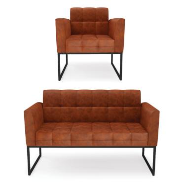 Imagem de Kit 1 Sofá Namoradeira e 1 Poltrona Elisa Corano Nozes Base Metálica Industrial Preto D03 - D'Rossi