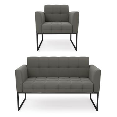 Imagem de Kit 1 Sofá Namoradeira e 1 Poltrona Elisa Suede Grafite Base Metálica Industrial Preto D03 - D'Rossi
