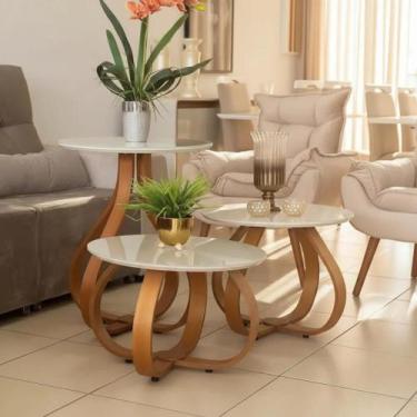 Imagem de Conjunto 3 Mesinhas Decorativa Sala Redonda Cebola Off - Gustavo Decor