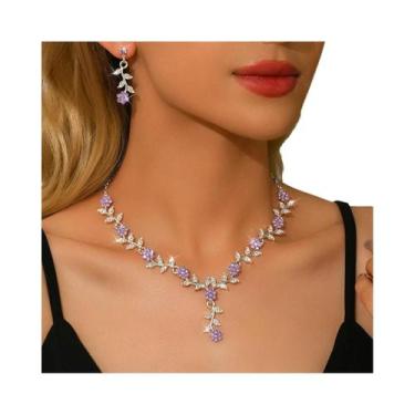 Imagem de Conjunto De Colar E Brincos Feminino Com Cristais E Folhas Em V - Joia