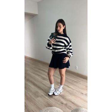 Imagem de Conjunto Saia Godê Curta Blusa Listras Manga Bufante Tricot Cor:Azul M