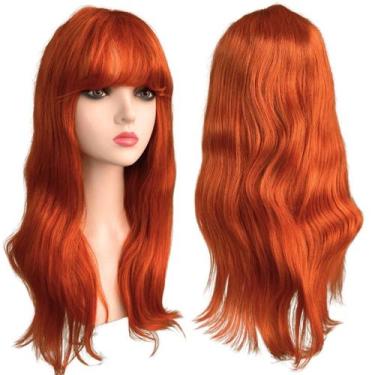 Imagem de Peruca Humana Ruiva Laranja Com Franja Lisa Ondulada 50cm - LIONSWIG