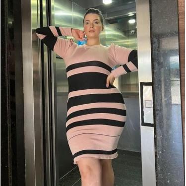 Imagem de Vestido Midi De Tricot Manga Longa Princesa Listrado Festa Moda Evange