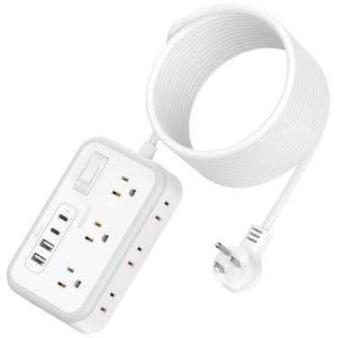 Imagem de Cabo de extensão de 4,5 m, filtro de linha de alimentação de plugue plano com 6 tomadas amplas, 4 portas USB, extensor de tomada, cabo longo, suporte, proteção contra sobrecarga, várias tomadas para