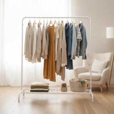 Imagem de Arara de Roupas com Prateleira Inferior, 145cm de Altura, Aço Carbono 