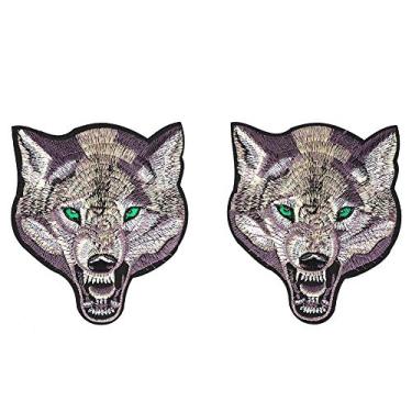 Imagem de Aplique para aplicar a ferro, 2 peças de aplique bordado de cabeça de lobo faça você mesmo costura em ferro em faça você mesmo, roupas, tecido, adesivo, 15 cm (cabeça de lobo)