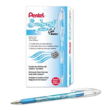 Imagem de Pentel Caneta de gel metálica Sunburst, ponta de 0,8 mm escreve linha de 0,4 mm, tinta azul barril azul/transparente, caixa com 12 (K908-MC)