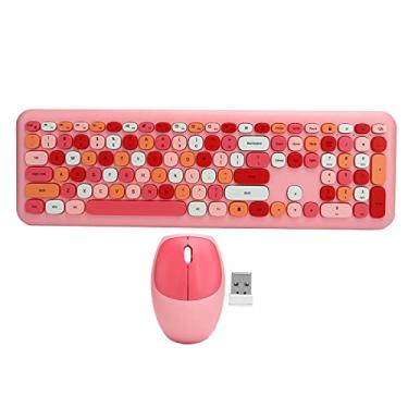 Imagem de ASHATA Combinação de mouse de teclado sem fio, 2,4 G Conjunto de mouse para teclado de escritório sem fio, teclado e mouse estilo retrô redondo colorido, teclado de 110 teclas (rosa)