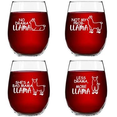 Imagem de Conjunto de taças de vinho divertidas sem haste Llama - Pacote com 4 taças - No Drama Llama, Not My Prob-Llama, She's A Bad Mama Llama, Less Drama More Llama - Copos de vinho inovadores com frases fofas para mulheres - Feito nos EUA