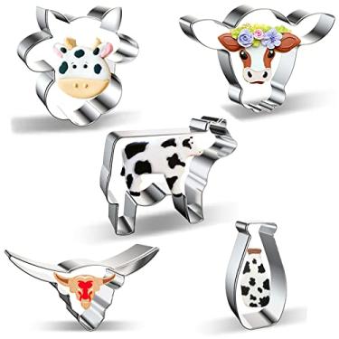 Imagem de Cow Cookie Cutter Set - 5 Piece Stainless Steel Farm / Farmhouse Animal Cookie Cutters Shapes Milk Bottle, Longhorn, Bull, Cow Head, Cow / Steer Face Cutters Molds for Making Cookies, Biscuit, Fondant