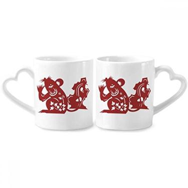 Imagem de Conjunto de canecas de porcelana para casal com estampa do zodíaco da China ano de rato animal amante de cerâmica alça de coração