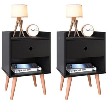 Imagem de Mesa de Cabeceira Retrô com 1 Gaveta Quarto Lateral de Cama Decore/Gaveteiro Escritório (Preto)