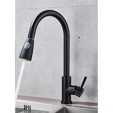 Imagem de Torneira de cozinha de níquel escovado com furo único, bico removível para pia de cozinha, torneira misturadora, cabeça de pulverização, cromada/preta, torneira misturadora, preta B