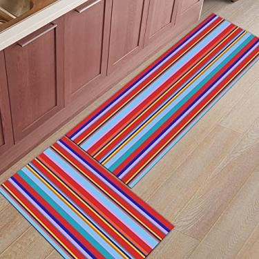 Imagem de Tapete de corredor de cozinha, listras coloridas, vermelho, azul marinho, roxo, antiderrapante, tapete de corredor, tapete de porta, tapete para lavanderia, banheiro, quarto, conjunto de 2