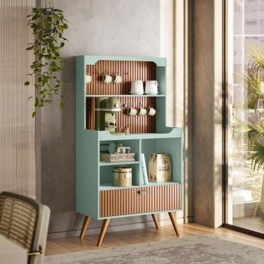 Imagem de Armário Bancada Cantinho Do Café Menta/Tauari Ripado 1 Porta Basculante Com Pés De Madeira