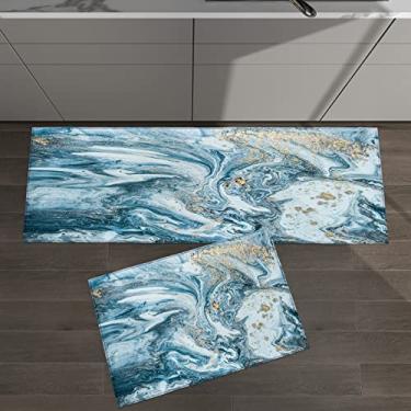 Imagem de Conjunto de 2 tapetes de cozinha abstrato mármore azul dourado para tapetes acolchoados e tapetes antiderrapantes absorventes corredor confortável tapete de pé