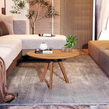 Imagem de Minimalista Mesa de Centro Redonda em MDF e Pés de Madeira Tampo Canela