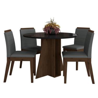 Imagem de Mesa Redonda Com Vidro 4 Cadeiras Bélgica Imbuia/preto/cinza - M.a