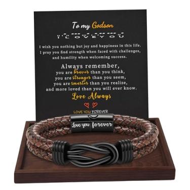 Imagem de Presentes de Natal para homens pulseira de couro marrom preto trançado Forever I Love You presentes para ele pulseiras de punho infinito presentes de aniversário para namorado filho neto marido pai homens meias de enchimento para meninos adolescentes, 8.5 Inches, Metal, Sem pedras preciosas