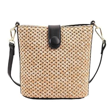 Imagem de Bolsa feminina de palha transversal de praia feita à mão em vime com alças de couro trançadas à mão, bolsa clutch de palha para férias, Preto, grande, One Size