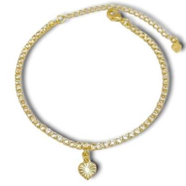 Imagem de Pulseira  Riviera de Zirconia e Coração Diamantado Banhada a Ouro 18k Semijoia-Unissex