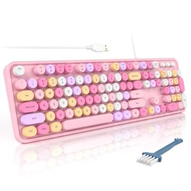 Imagem de MOFII Teclado USB de tamanho completo com fio, teclado de máquina de escrever redondo retrô colorido com suportes dobráveis para Windows PC e laptop (rosa claro)