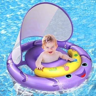 Imagem de AnbQuik Boia de piscina para bebês com proteção solar removível FPS 50+, polvo para bebês de 6 a 24 meses, design duplo extra amplo, assento ajustável e respirável