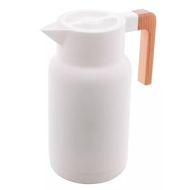 Imagem de Garrafa Térmica Nórdica 1 Litro Café Chá Bule Cabo Madeira Mesa Posta Botão Fixa Temperatura Wood 1L (Branca)
