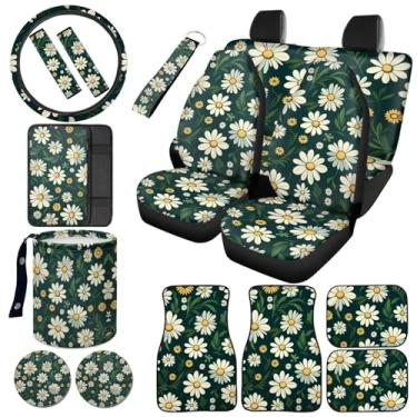 Imagem de Finagallathe Conjunto completo de 16 capas de assento de carro margarida com tapetes de chão, protetor de volante, suporte de copo para porta-copos de carro, lata de lixo, console central automático e