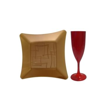 Imagem de Kit 10 Taças Champanhe Vermelha 140 ML + 10 Pratos Refeição Dourado Tipo Acrílico Natal Festas