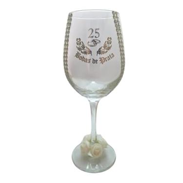 Imagem de META ATACADO, Taça Vidro Bodas de Prata 25 Anos Rosas Casal Vinho