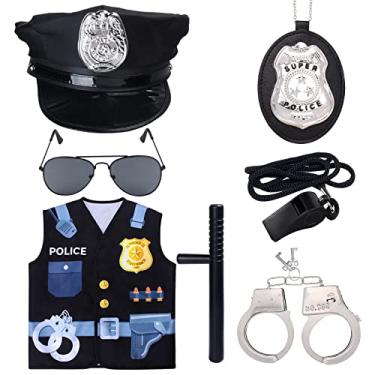 Imagem de Keymall Conjunto de fantasia de polícia infantil - 7 peças de vestido de policial para meninos - chapéu, colete, crachá, apito, óculos de sol, algemas, bastão (conjunto C)