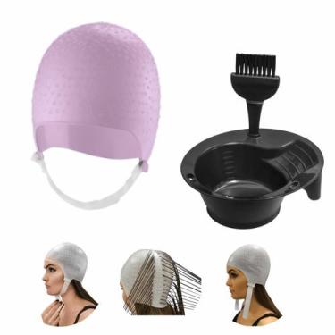 Imagem de Kit Tintura Tigela Pincel e Touca Para Mechas Luzes Siliconada Profiss