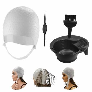 Imagem de Kit Tintura Tigela Pincel e Touca Para Mechas Luzes Siliconada Profiss