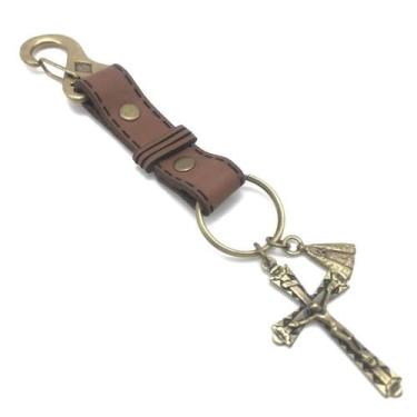 Imagem de Chaveiro proteção em couro crucifixo e nossa senhora aparecida - Aramo