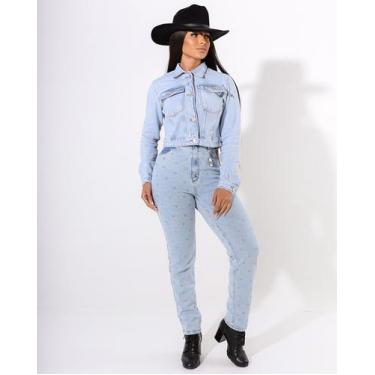 Imagem de Calça jeans mom feminina cintura alta bordado estrela 23750 - CONSCIÊN