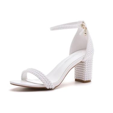 Imagem de Sandálias femininas de salto bloco de 9,5 cm com pérolas brancas e salto alto para noivas, sapatos de casamento, bico aberto, sandálias de salto grosso para festas à noite, Salto branco de 7,5 cm, 34