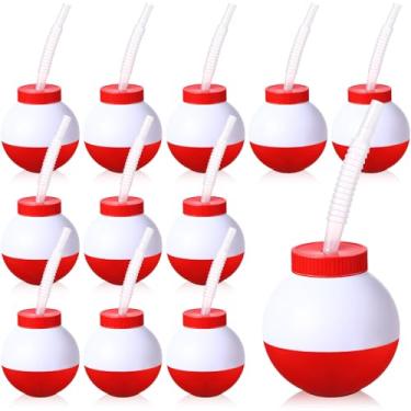 Imagem de FillTouch Conjunto de 12 copos de boia de pesca com canudos e tampas 290 ml decorações divertidas de festa de aniversário de pesca copos de plástico vermelho e branco para crianças pescadores