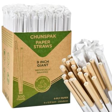 Imagem de Chunspak Canudos gigantes de 23 x 0,79 cm embrulhados individualmente, 300 contagens, kraft marrom sem corante - papel grosso com 4 camadas