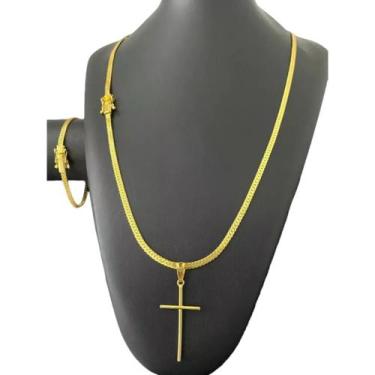 Imagem de Cordão + Pulseira Grumet Laminado 4mm + Cruz  Banhado a Ouro - ToJoia1